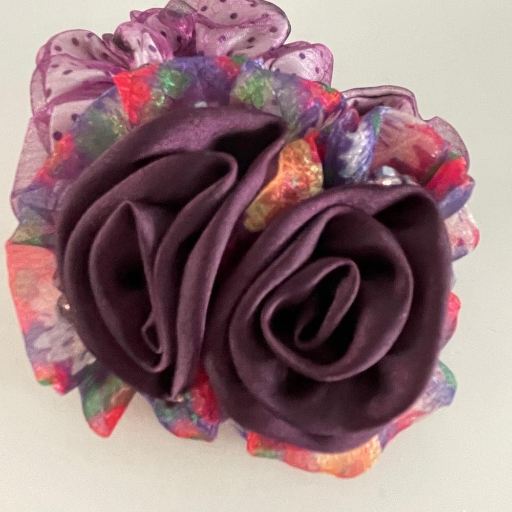Purple Satin Rose Hair Clip with Floral Accents
